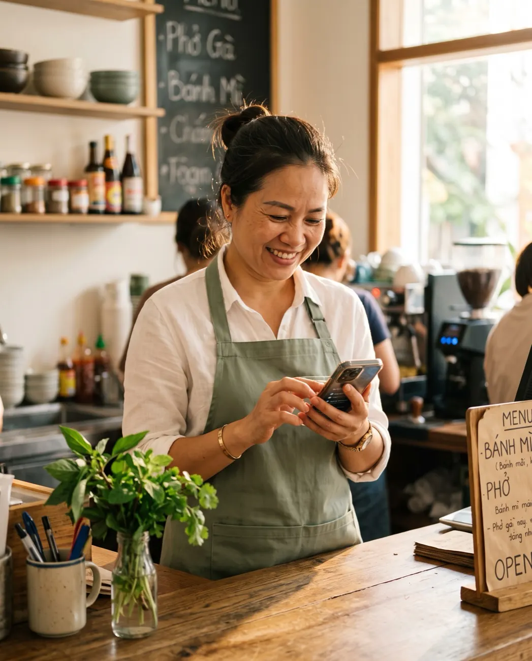 Chủ quán tươi cười xem điện thoại sau quầy quán ăn sáng đèn