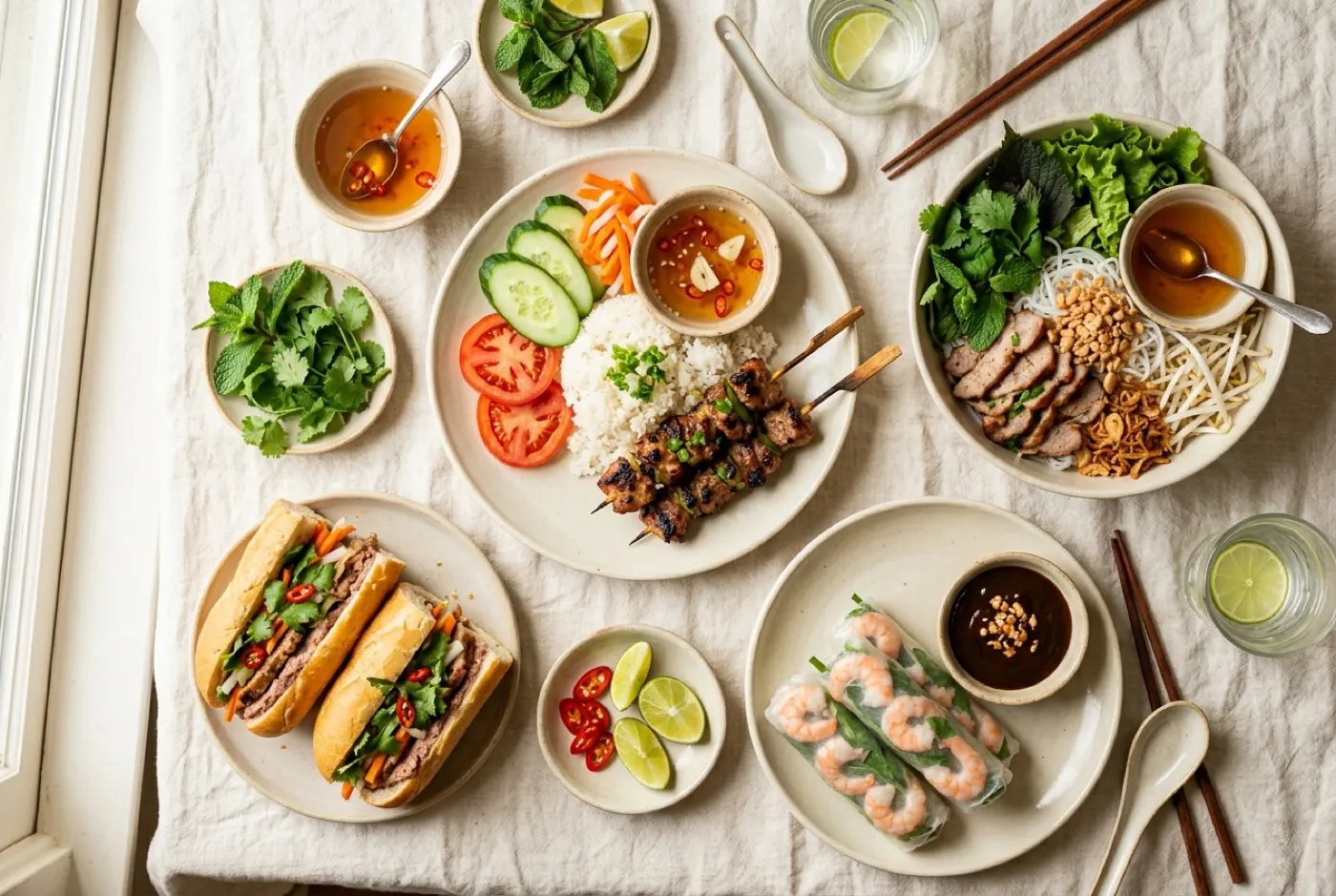 Bàn món Việt nhìn từ trên xuống: cơm tấm, bún thịt nướng, gỏi cuốn, bánh mì